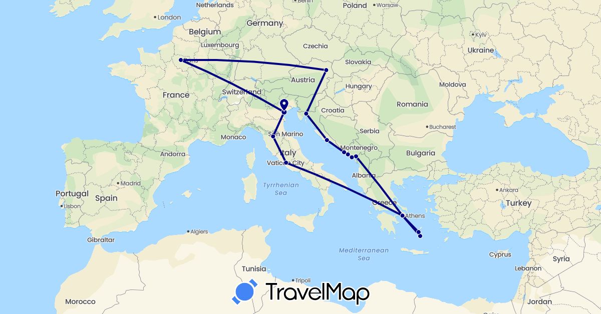 TravelMap itinerary: driving in Austria, France, Greece, Croatia, Italy, Montenegro (Europe)